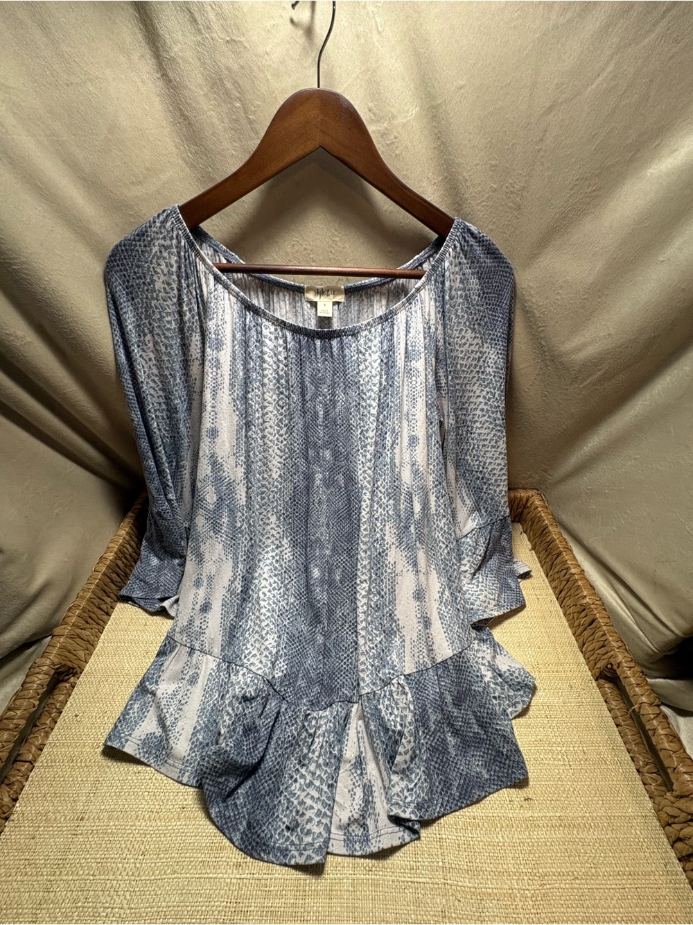 Summer Sale | Style & Co Blue Snakeskin Print Bell Sleeve Peplum Top Size S